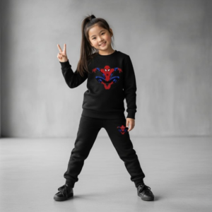 Kids Spider-Man Printed Black & Black Tracksuit Set | Winter Fleece Sweatshirt & Trouser Outfit for Boys & Girls – Warm & Trendy FOR BABY AND KIDS