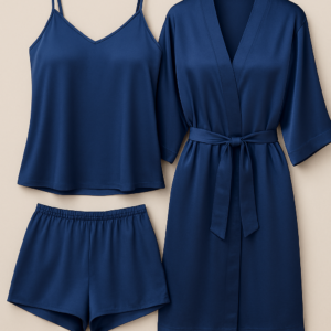 3-Piece Satin Sleepwear Set for Women – Camisole, Shorts & Robe | Elegant Nightwear & Loungewear – Free Size (DC-3003)