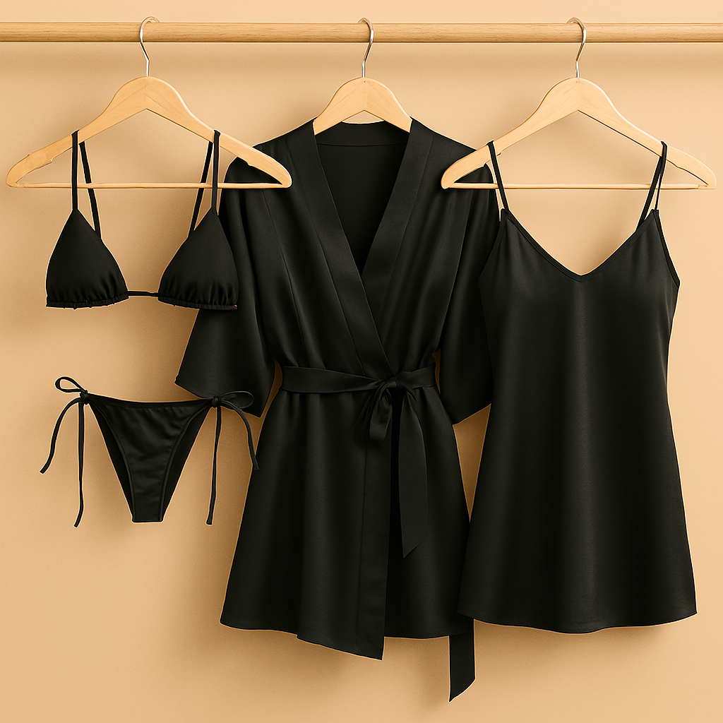 4 PCs-Style Satin Lingerie Set – Bikini, Slip Dress & Robe Combo – Free Size (DC-4001) - Image 3