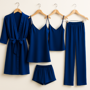 5-Piece Satin Sleepwear Set – Robe, Camisole, Shorts, Pants & Slip Dress Free Size (DC-5003)