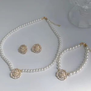 Elegant Flower Design Pearl Stone Set  / Necklace/ Earrings /Braclet   For Women Jewelry