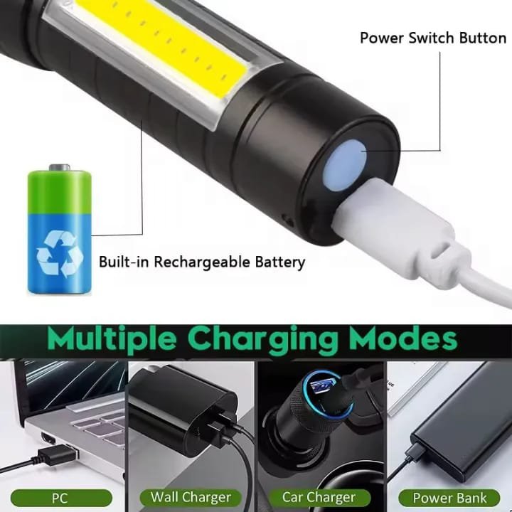 Super Bright USB Rechargeable Plastic Flashlight with Side Light – Compact, Durable & Powerful LED Torch - Image 3
