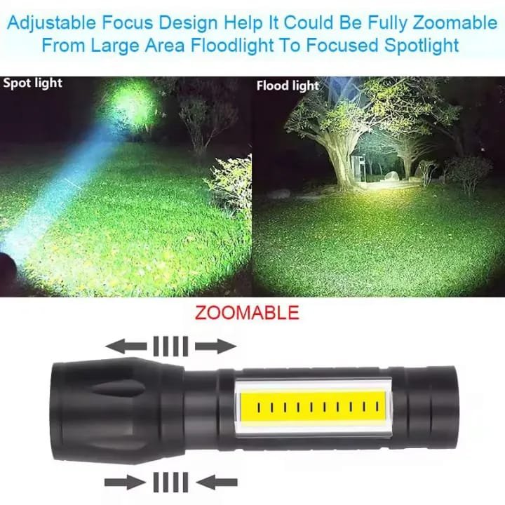 Super Bright USB Rechargeable Plastic Flashlight with Side Light – Compact, Durable & Powerful LED Torch
