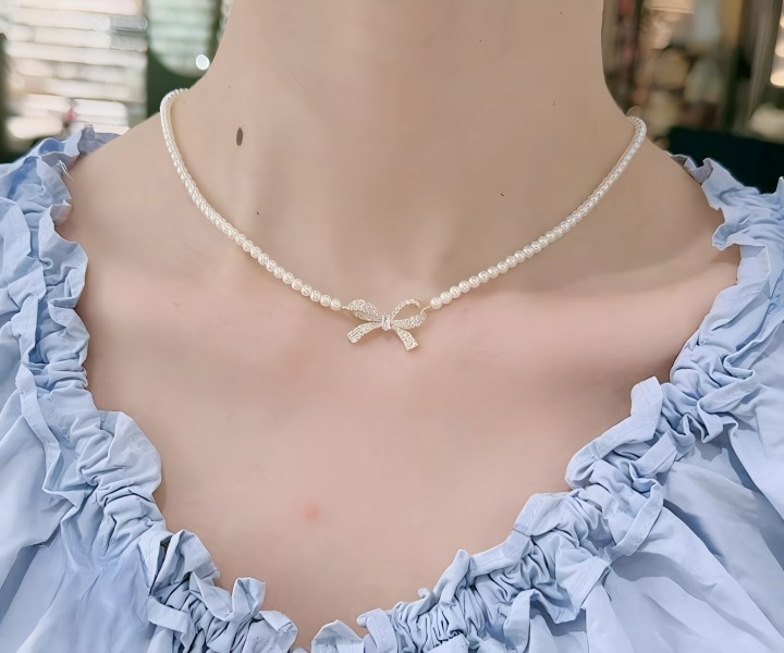 PQT-992 - Bow Shape Pearl Pendant Necklace for Women – Dainty Jewelry with Sparkling Bow Design | Available in Silver & Golden Finish | Perfect Gift for Weddings, Parties & Everyday Glamour - Image 4