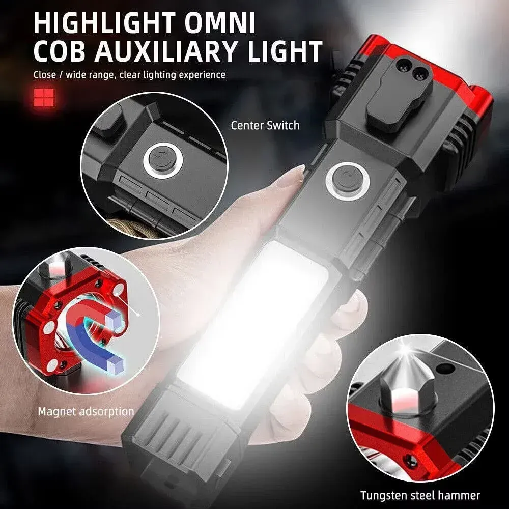 High Power LED Torch Light Rechargeable Flashlight – Multi Functional Emergency Tool With Power Bank, Window Hammer, And Bright Illumination - Image 2