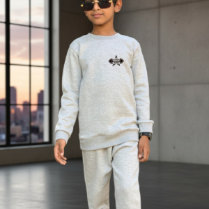 Grey Printed Fleece Winter Kids Tracksuit | Warm Sweatshirt & Trouser Set for Boys & Girls – Soft, Cozy & Stylish OutfitFOR BABY AND KIDS