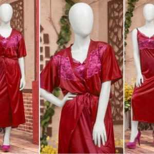 2 Pcs Luxury Satin & Lace Robe Nighty Set – Sensual Silk Gown for Women SKU R-003 Free Size