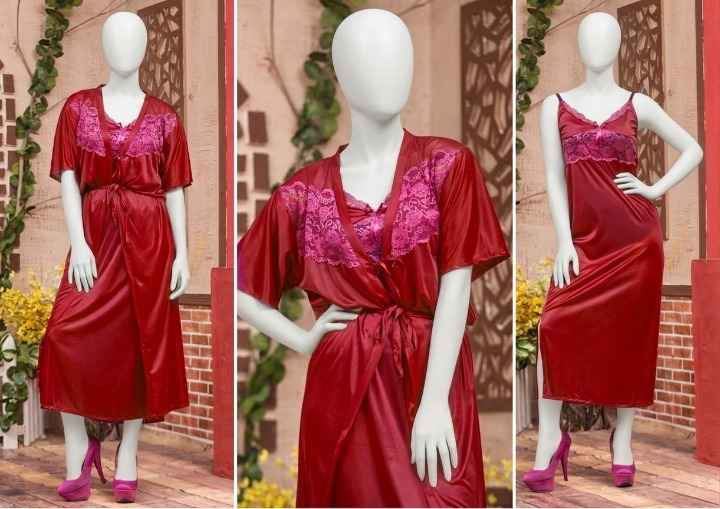 2 Pcs Luxury Satin & Lace Robe Nighty Set – Sensual Silk Gown for Women SKU R-003 Free Size
