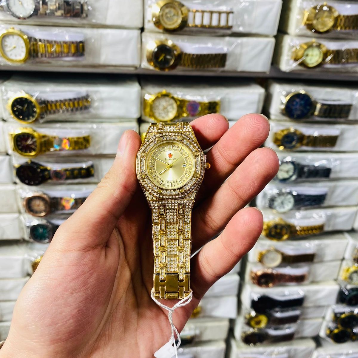 Luxury Gold Diamond-Studded Wrist Watch – Premium Designer Style Quartz Watch for Men & Women (Without Box) - Image 5