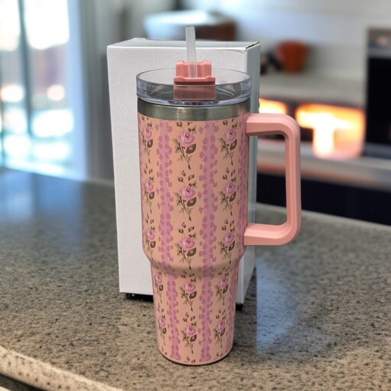 Floral Insulated Travel Tumbler with Ergonomic Handle and Leak-Resistant Lid – 40oz Double-Wall Vacuum Flask ( Random Color ) - Image 4