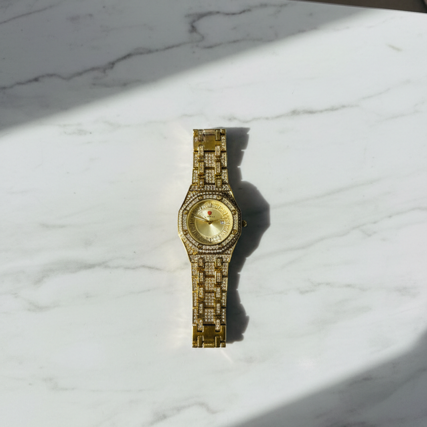 Luxury Gold Diamond-Studded Wrist Watch – Premium Designer Style Quartz Watch for Men & Women (Without Box) - Image 3