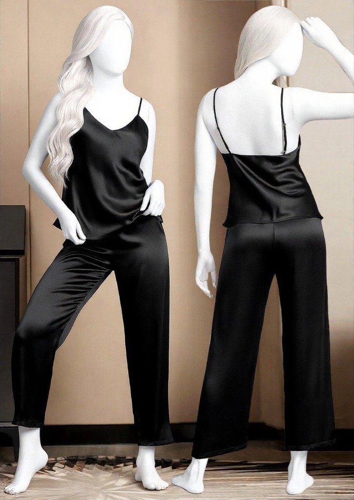 Satin Sleepwear Set - Spaghetti Top And Loose Trouser - Free Size - Apparel Product Designed For Sleep And Daily Lounging Routine - Image 2