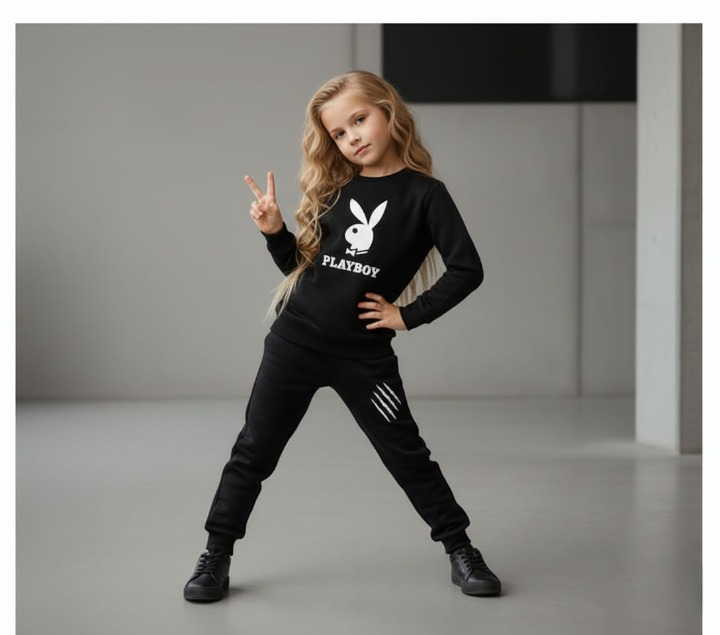 Kids PLAYBOY Printed Stylish Black & Black Tracksuit Set | Winter Fleece Sweatshirt & Trouser Outfit for Boys & Girls – Warm & Trendy FOR BABY AND KIDS - Image 3