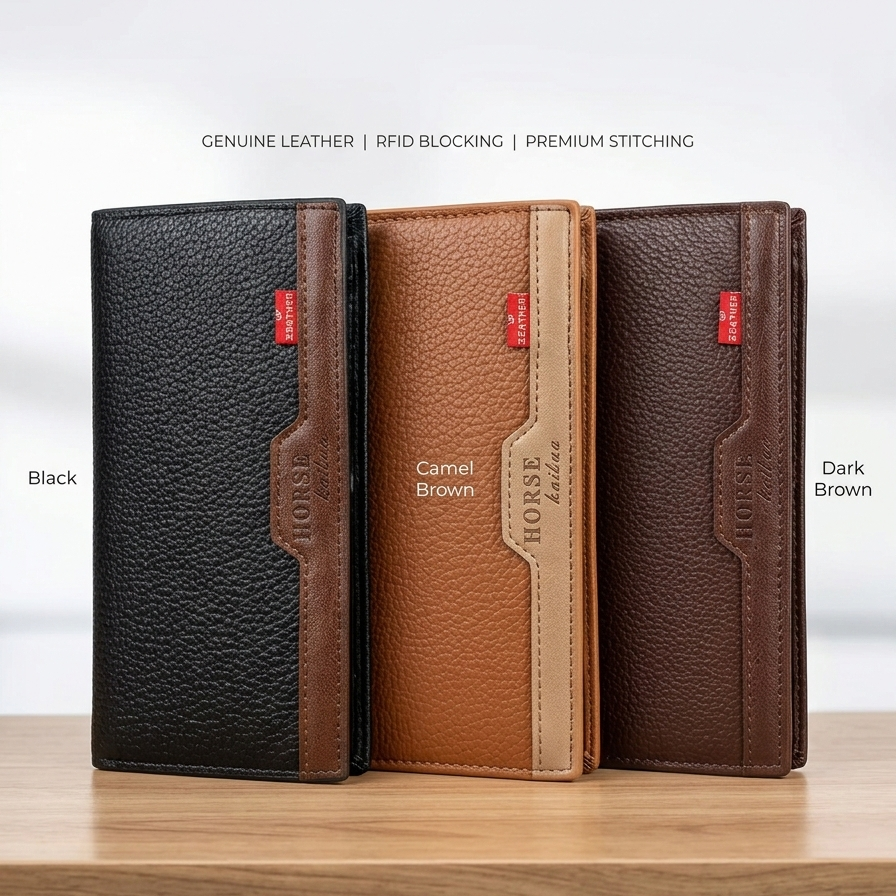 Horse Wallet for Men | Black with Brown & Camel Brown Accent | Premium Leather Long Wallet - Image 2