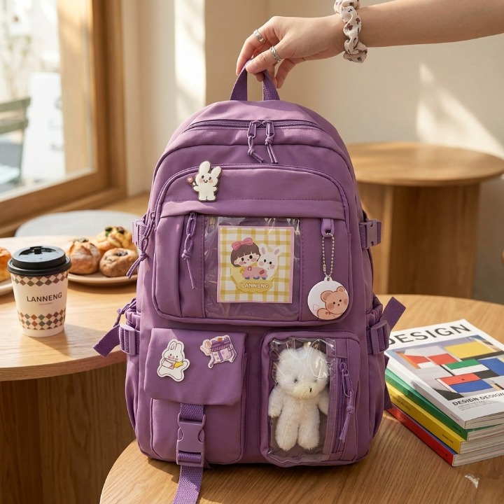 Cute Women Backpack Multi Pocket Canvas School Bag White Student Bag For Teenage Girls - Image 2