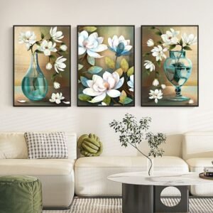 Elegant 3-Piece Floral Wall Frame Set – White Blossoms & Teal Vase Art