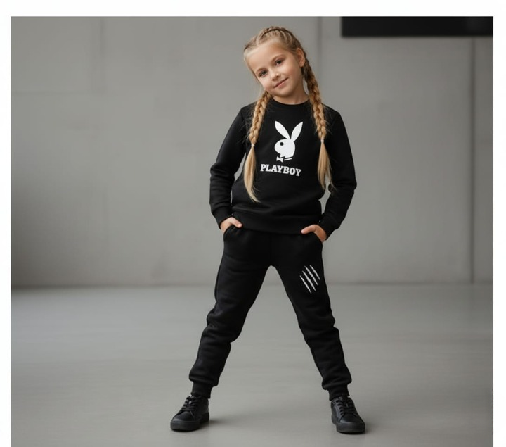 Kids PLAYBOY Printed Stylish Black & Black Tracksuit Set | Winter Fleece Sweatshirt & Trouser Outfit for Boys & Girls – Warm & Trendy FOR BABY AND KIDS - Image 2