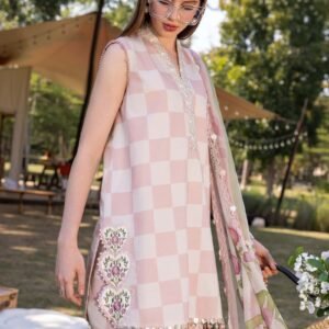 Luxury All-Over Checkerboard Print Embroidered Lawn 3Pc Unstitched Suit with Chiffon Dupatta – EID & Party Wear