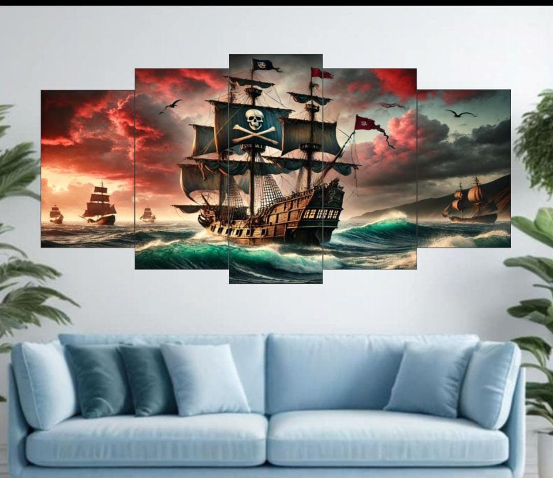 Pirate Ship Ocean Voyage Wall Art – 5-Piece Canvas Set (16x40 inches) | Wooden Sticky Tile Frames with Double Tape - Image 2