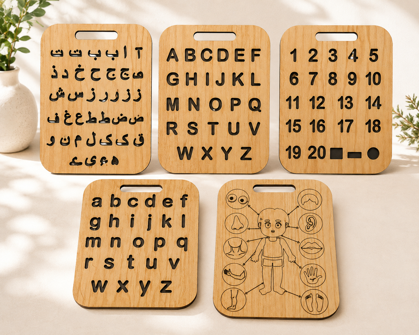 Educational Wooden Tracing Board Set 5 Pcs – Urdu, English, Numbers & Body Parts Learning Boards - Image 2