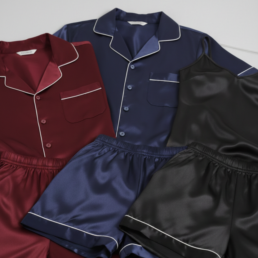 Couple Silk Night Suit / Sleepwear Set – Shirt & Shorts with Slip Dress | SKU DC-C013 (3 Pcs) - Image 3