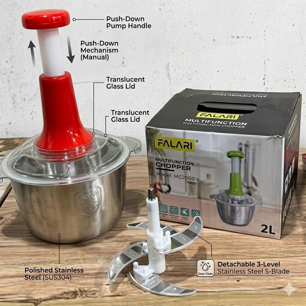 Kitchen Fresh Prep Combo Deal – 2L Manual Hand Press Vegetable Chopper, Meat Mincer & 100 Elastic Stretchable Food Covers - Random Color - Image 5