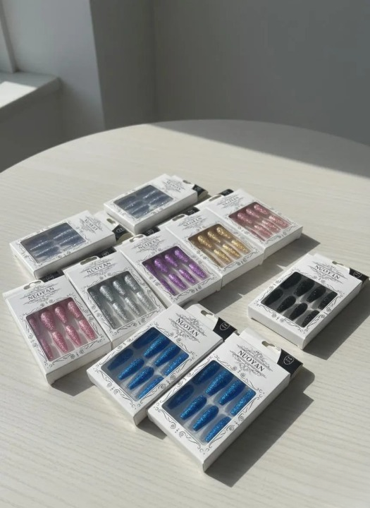 Multicolor Glittery Long Stick-On Artificial Nails – 12 Pcs - Image 5