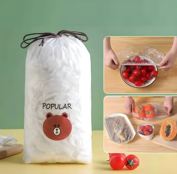 100 PCS Disposable Food Cover Plastic Bags – Transparent Fresh Food Storage & Wrap Bags