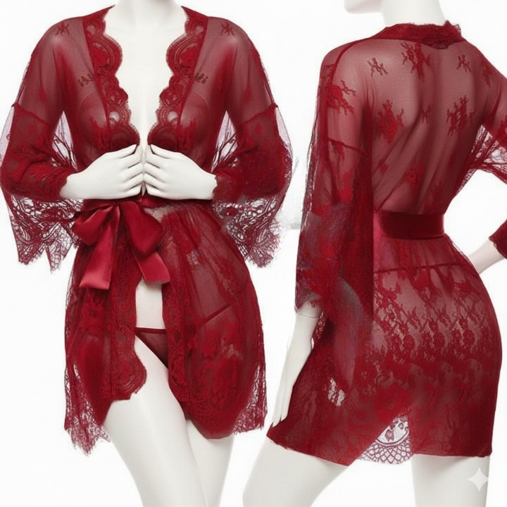 Single Pcs Women’s Net Transparent Sheer Lace Robe Gown – Long Sleeve Free-Size Nightwear With Satin Belt For Elegant And Stylish Comfort (DC-1051) - Image 3