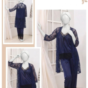 3 Pcs Premium Silk & Net Black Lace Women's Sleepwear Set Top Trouser & Gown (Size free)