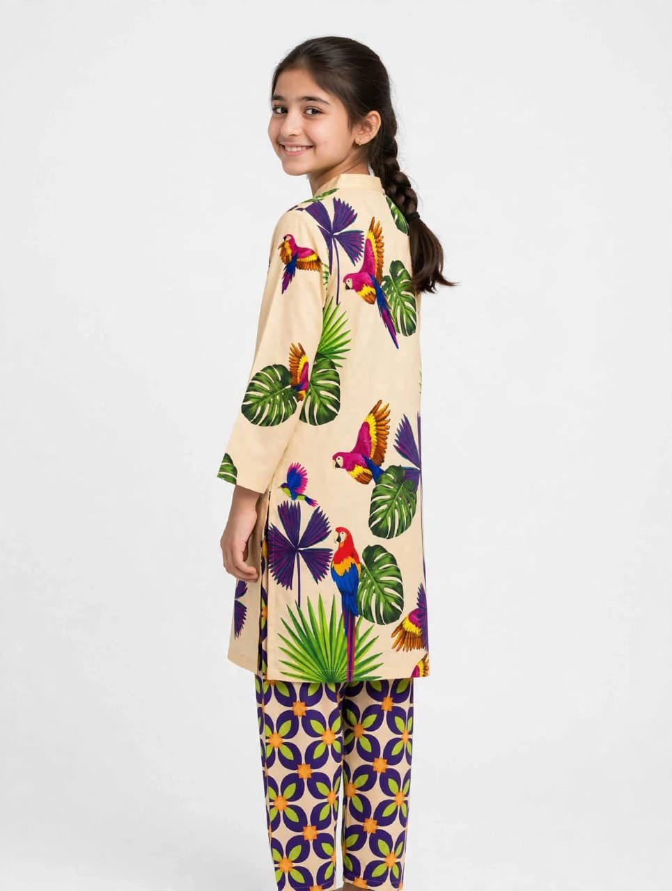 Girls Beige Printed Stitched Co Ord Set With Long Sleeve Shirt And Matching Trouser - Image 2