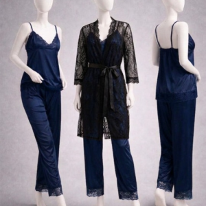 Elegant 3-Piece Women's Nightwear Set – Silk Cami, Pyjamas & Lace Robe (Free Size)