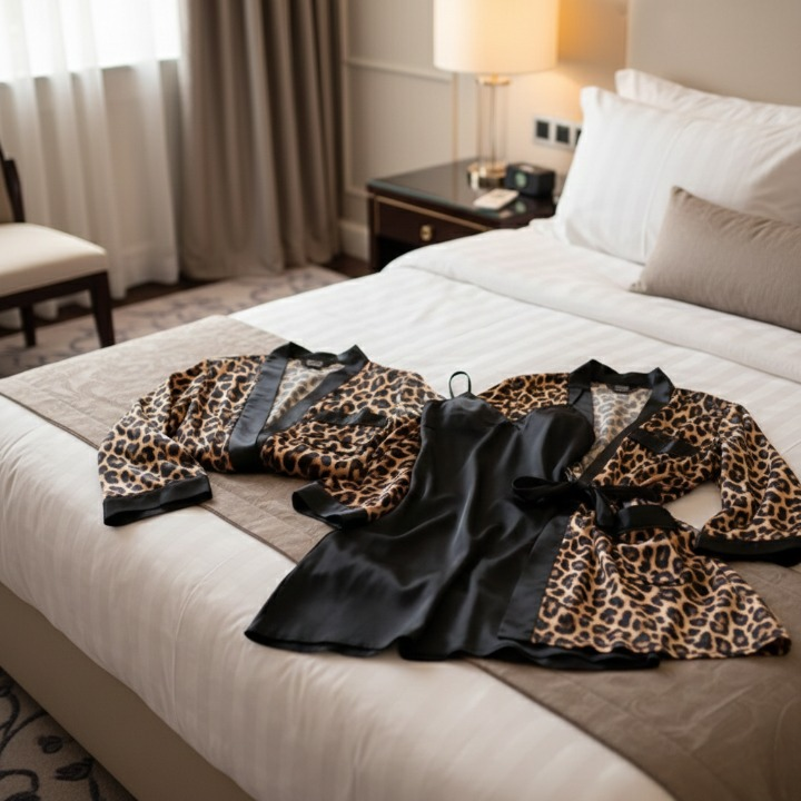 Couple Leopard Print & Black Satin Sleepwear Set – 4 Pcs Robe & Nightdress Set (DC-1021) - Image 2