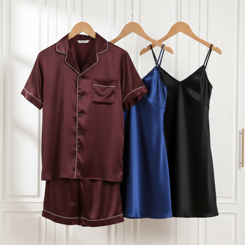 Couple Silk Night Suit / Sleepwear Set – Shirt & Shorts with Slip Dress | SKU DC-C013 (3 Pcs) - Image 5