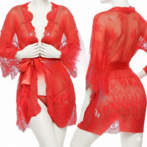 Single Pcs Women’s Net Transparent Sheer Lace Robe Gown – Long Sleeve Free-Size Nightwear With Satin Belt For Elegant And Stylish Comfort (DC-1051)