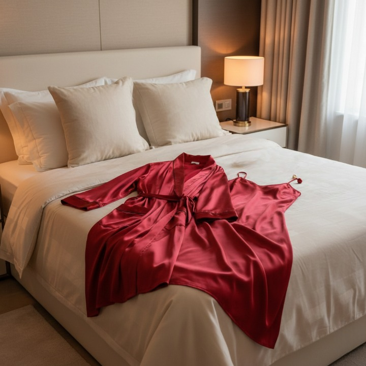 Premium Satin Silk Couple Gown Set (3 Pcs) – Elegant Matching Nightwear for Men & Women | Free Size | SKU: DC-C006 - Image 2