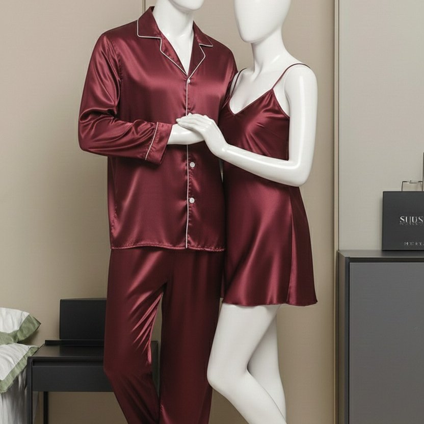 Premium Nighty Suit Satin Silk Couple Pajama Set – Luxurious Matching Night Wear for Men & Women (3 Pcs) | SKU: DC-C005 - Image 2