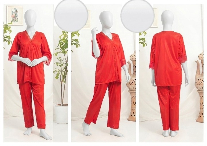 Women’s Luxury Silk Satin Pajama Set with Elegant Lace Trim SKU R-010 Free Size - Image 2