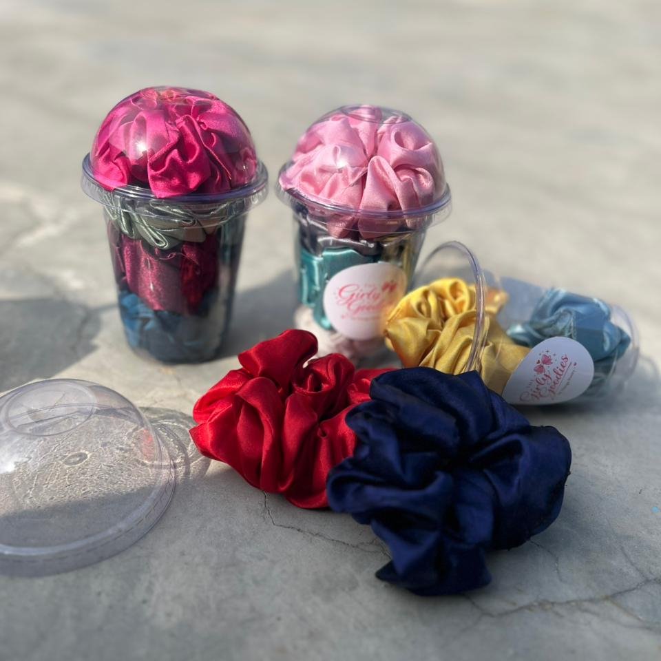 4Pc Colorful Satin Scrunchie Set In Clear Dome Lid Cups With Girly Goodies Label (Random Colour) - Image 3