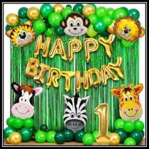 Jungle Theme Birthday Party Decoration Set 50 Pcs for Kids Boys & Girls – Animal Safari Birthday Balloon Combo with Happy Birthday Banner, Foil Curtains & Number Balloon
