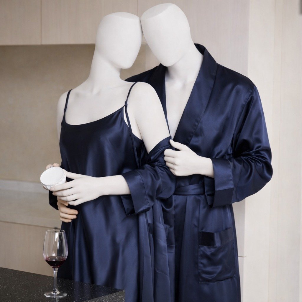 Premium Satin Silk Couple Gown Set (3 Pcs) – Elegant Matching Nightwear for Men & Women | Free Size | SKU: DC-C006 - Image 3