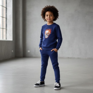 Kids Navy Blue Ghost Skull Printed Tracksuit Set | Winter Fleece Sweatshirt & Trouser Outfit for Boys & Girls – Warm, Trendy & Cool | FOR BABY AND KIDS