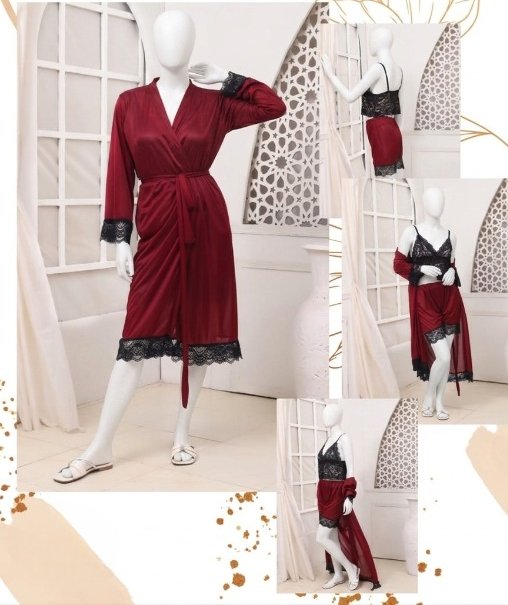 Women's Luxury Silk Nightwear Set with Black Lace – 3 Piece Robe & Slip Dress SKU R-011 Free Size - Image 2