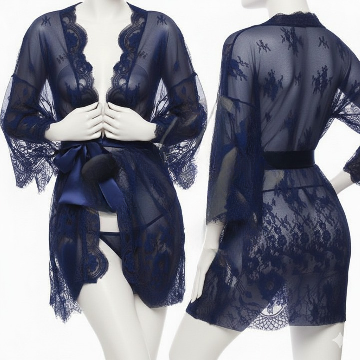 Single Pcs Women’s Net Transparent Sheer Lace Robe Gown – Long Sleeve Free-Size Nightwear With Satin Belt For Elegant And Stylish Comfort (DC-1051) - Image 2