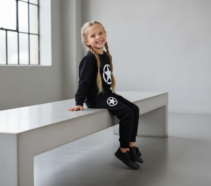 Kids Star Printed Black & Black Tracksuit Set | Winter Fleece Sweatshirt & Trouser Outfit for Boys & Girls – Warm & Trendy FOR BABY AND KIDS