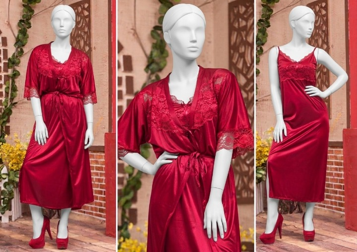 2 Pcs Luxury Satin & Lace Robe Nighty Set – Sensual Silk Gown for Women SKU R-003 Free Size - Image 3