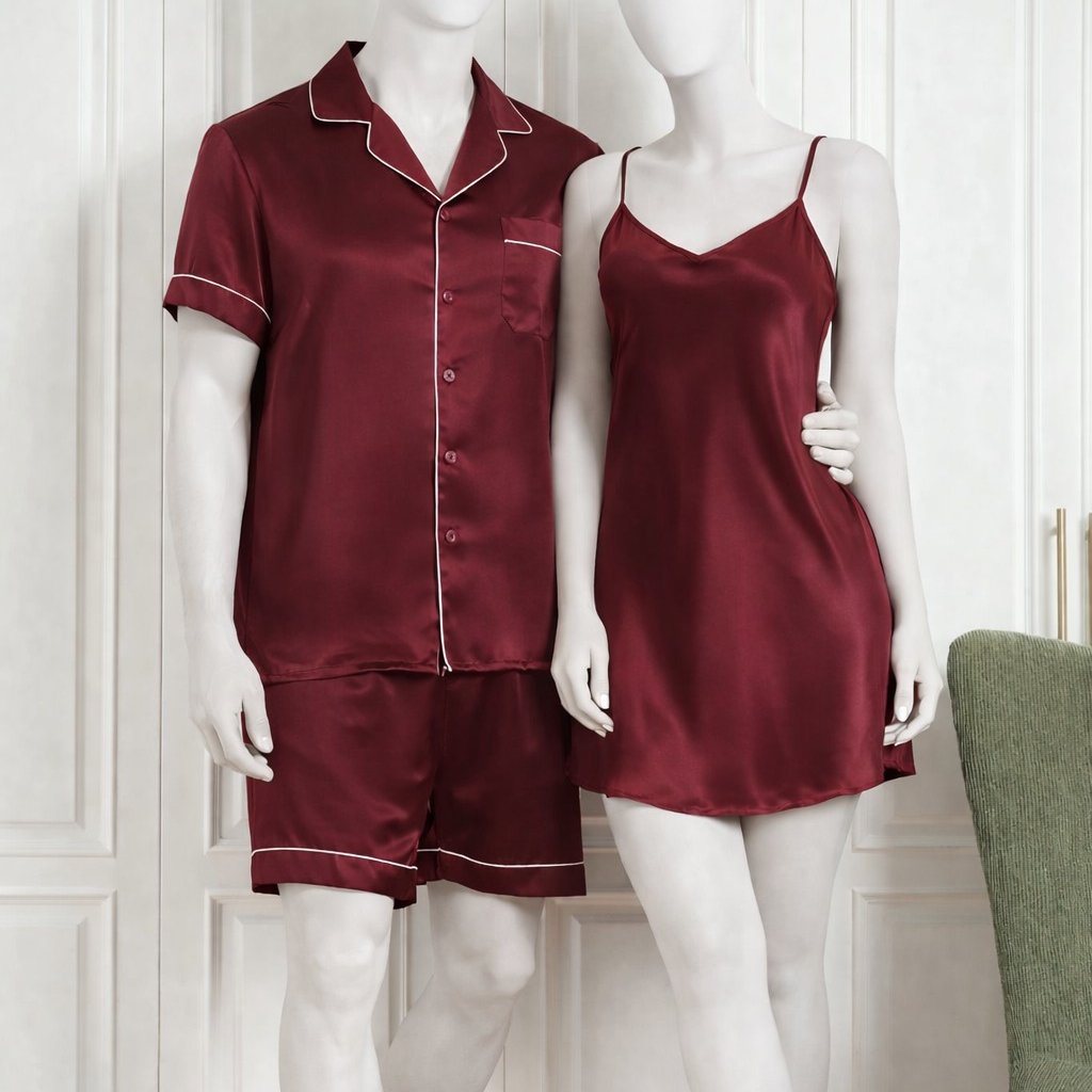 Couple Silk Night Suit / Sleepwear Set – Shirt & Shorts with Slip Dress | SKU DC-C013 (3 Pcs) - Image 2