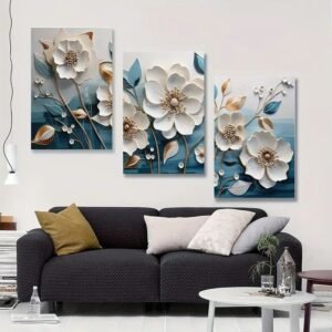 Elegant 3-Piece Floral Wall Frame Set – White Blossoms & Golden Stems on Teal Background