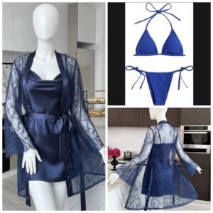 4 Piece Women’s Transparent Net Gown Set – Soft Lace Robe with Silk Inner, Bra & Panty | Free Size - Up to 38 Chest (DC-4052)