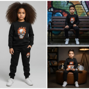 Black Printed Kids Tracksuit | Winter Fleece Sweatshirt & Trouser Set – Warm, Soft & Stylish Winter Garments for Boys & Girls FOR BABY AND KIDs